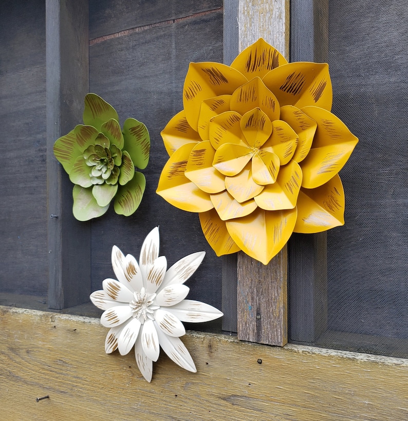 3 Metal Wall Flowers Garden Wall Art Fence Flower Outdoor Etsy