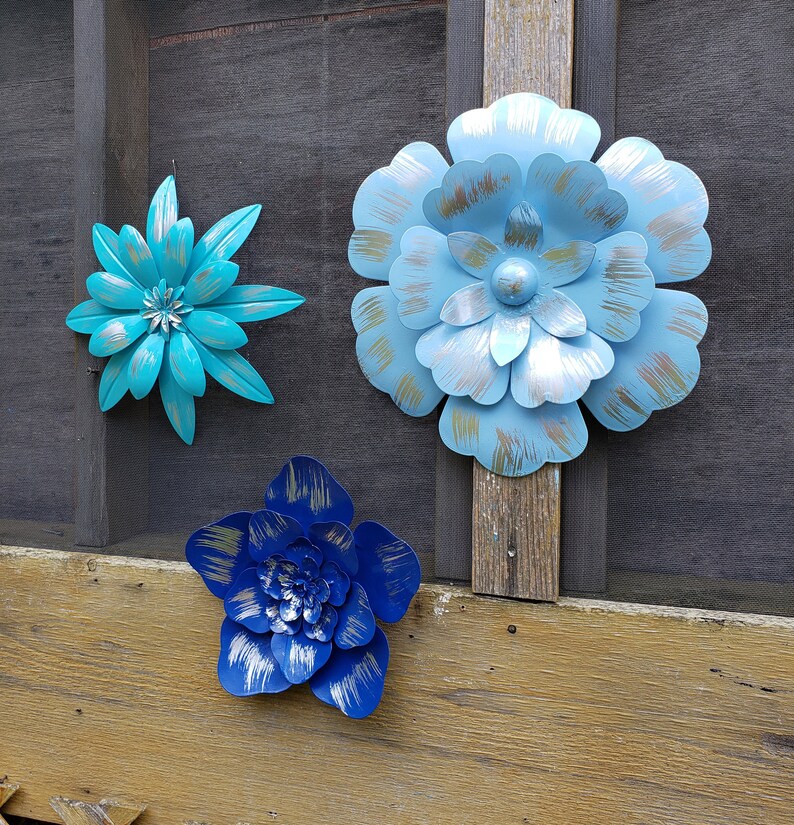 3 Metal wall Flowers Garden Wall Art Fence Flower Outdoor Blue Etsy