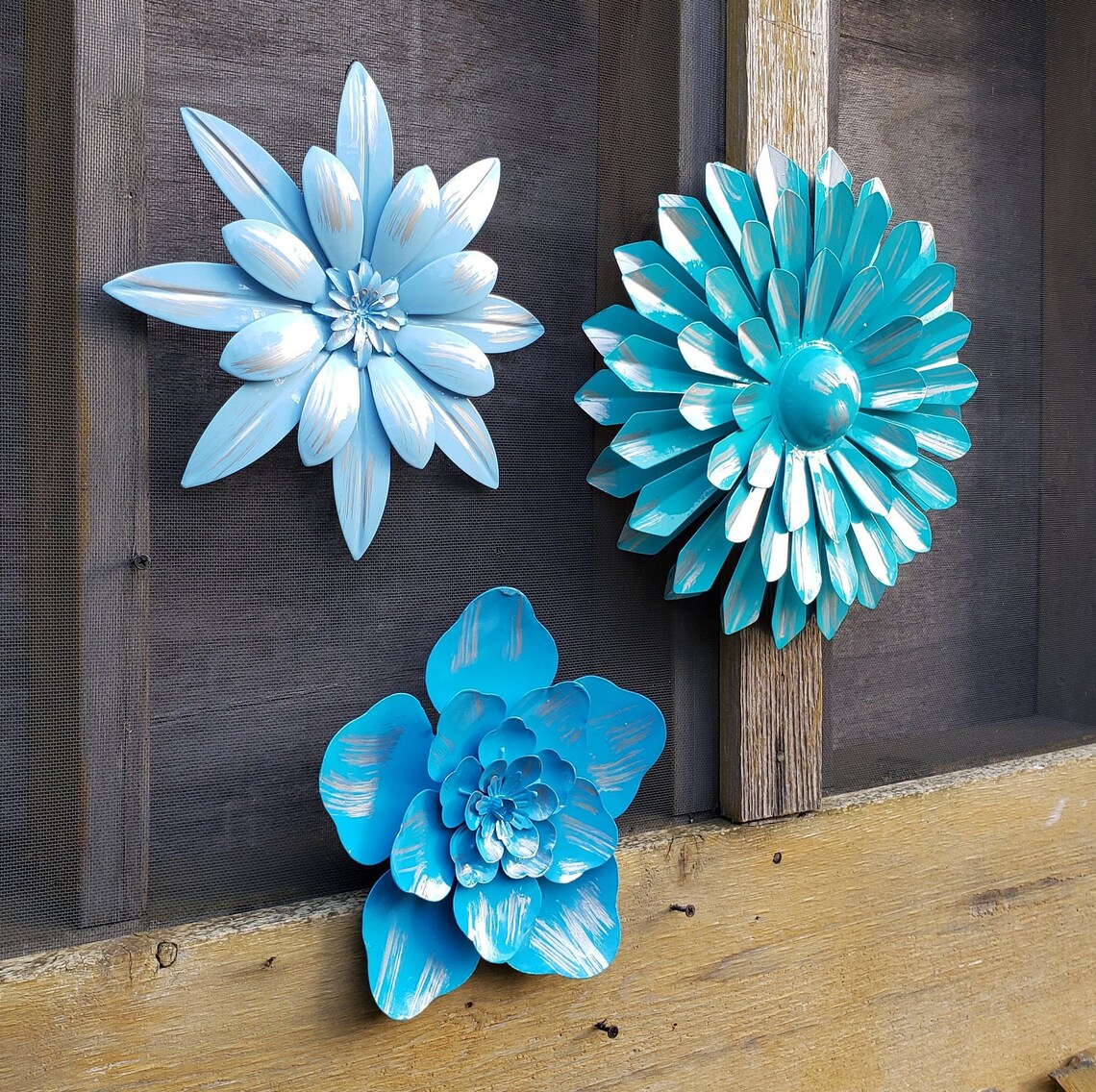 3 Metal Wall Flowers Garden Wall Art Fence Flower Outdoor Blue Etsy