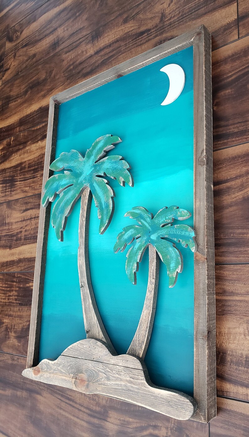 Wood Palm Tree Moon Wall Decor Palm Leaf Wall Art Sunset Etsy