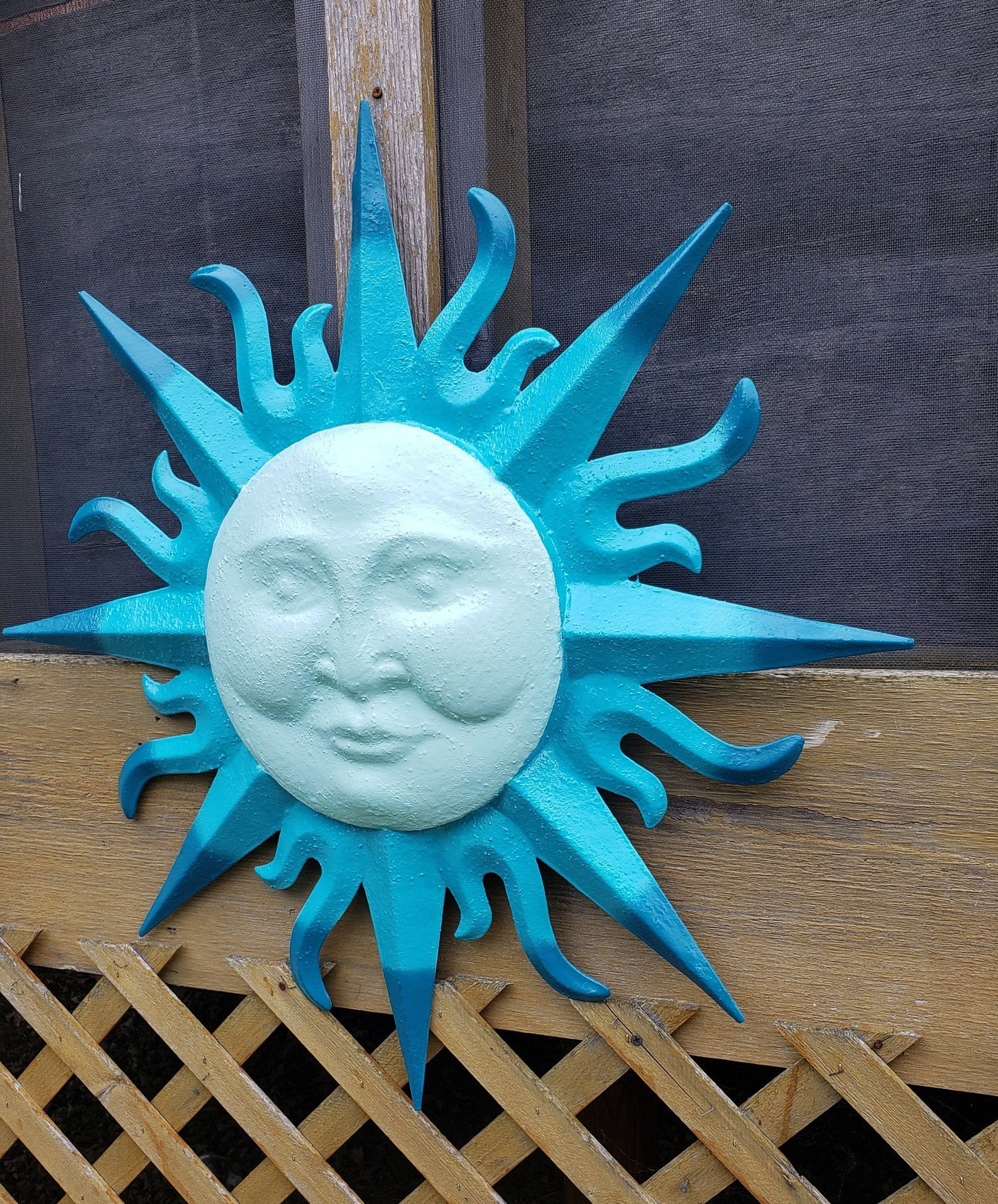 Large Metal Sun Wall Art Turquoise Antique Garden Decor Metal Etsy