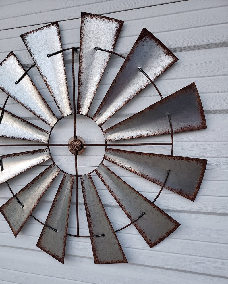 Large Galvanized Steel Distressed Windmill Wall Decor 35 Etsy