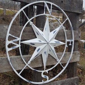 Distressed White Compass Rose/ Large Metal Wall Art / Nautical Wall Compass / Nautical Wall Art / Nautical Wall Decor / Compass Rose Wall image 2