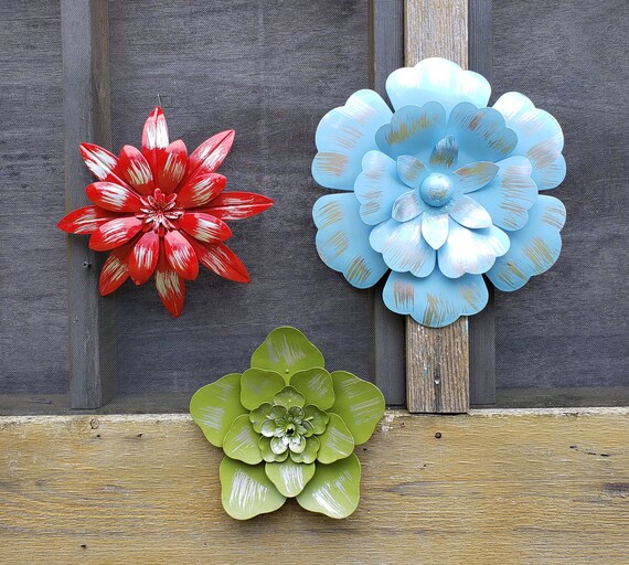 3 Metal wall Flowers Garden Wall Art Fence Flower Outdoor | Etsy
