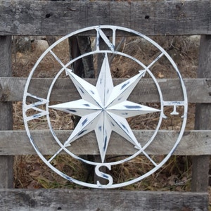 Distressed White Compass Rose/ Large Metal Wall Art / Nautical Wall Compass / Nautical Wall Art / Nautical Wall Decor / Compass Rose Wall image 1