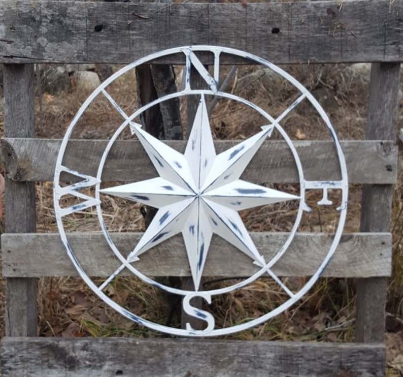 Distressed White Compass Rose/ Large Metal Wall Art / Nautical Wall Compass / Nautical Wall Art / Nautical Wall Decor / Compass Rose Wall image 1