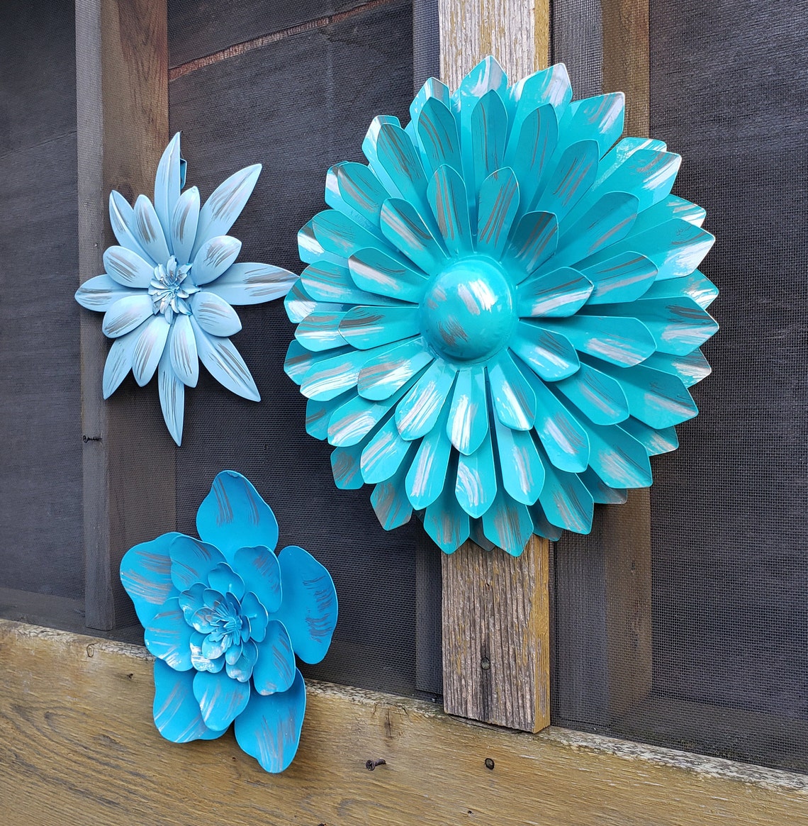 3 Metal Wall Flowers Garden Wall Art Fence Flower Outdoor Blue Etsy