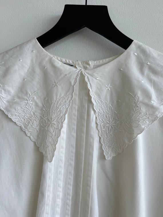White Cotton Pleated + Embroidered Blouse