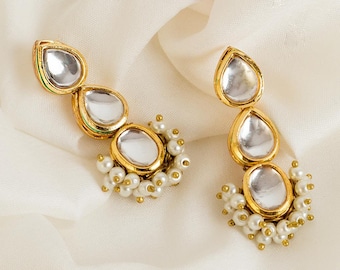 Pearl Clusters and Gold Tone Kundan Inspired Stud Earrings