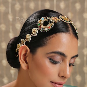 Navrattan Kundan Headband / Gold Plated Kundan Headband / Navrattan Hair Accessory / Indian Jewelry / Sabyasachi Jewelry / Bollywood Jewelry