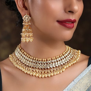 Gold Plated Kundan Necklace Set with Jhumka Earrings/ Traditional Indian Gold Plated Kundan Necklace Set/ Kundan and Pearls Neckalce Set