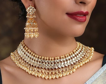 Gold Plated Kundan Necklace Set with Jhumka Earrings/ Traditional Indian Gold Plated Kundan Necklace Set/ Kundan and Pearls Neckalce Set