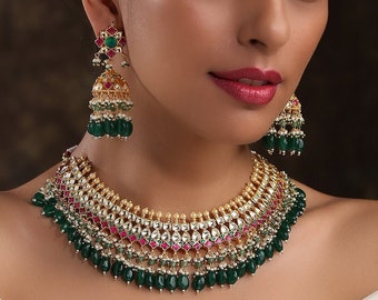 Red and Green Gold Plated Traditional Kundan Necklace Set with Jhumka Earrings/ Gold Plated Kundan Red and Green Necklace Set/ Necklace Set