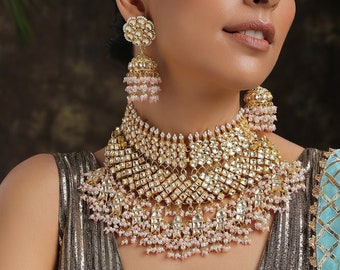 Gold Plated Kundan Necklace Set with Pearls/ Kundan Necklace Set with Pearls/ Kundan Necklace with Pearls/ Kundan Necklace with Earrings/