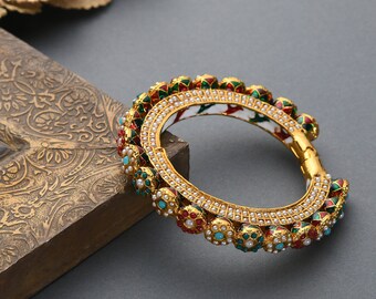 Akuti Gold Plated Punjabi Jadau Multicoloured Pacheli Bangle/ Gold Tone Jadau Bangle/ Punjabi Jadau Multicoloured Bangle/ Pacheli Bangle