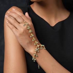 Kundan Hathphool: Gold Tone Indian Hand Harness with Turquoise Beads