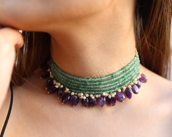 Green Beaded Choker Necklace | Layered Choker Necklace | Pearl Necklace | Indo Western Choker Necklace | Purple Choker Necklace