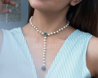 Classic Pearl Choker Necklace | Contemporary Pearl Necklace | Green Faux Diamond Necklace | Unique Fashion Accessory | Beach Jewelry