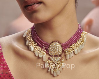 Pink Kundan Choker Necklace / Mint Stone Necklace / Bridal Jewelry / Bridal Necklace / Kundan Choker /Indian Jewelry / Sabyasachi Jewelry /