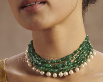 Jade Green Stone Choker Necklace with Pearls / Green Necklace / Green Choker / Pearl Necklace / Indian Jewelry / Sabyasachi Jewelry
