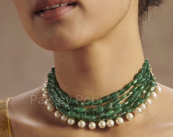 Collar de gargantilla de piedra verde jade con perlas / collar verde / gargantilla verde / collar de perlas / joyería india / joyería Sabyasachi