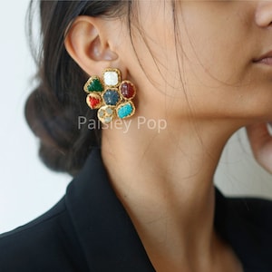 Gold Plated Navrattan Stud Earrings: Indian Floral Jewelry
