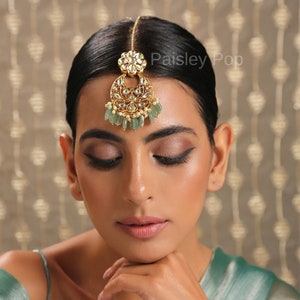 Green Kundan Maang Tikka / Gold Plated Kundan Maang tikka / Kundan Maang Tikka with Jade Green Stones / Indian Kundan / Bollywood Jewelry