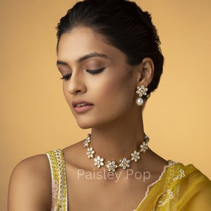 Gold Plated Floral Polki Choker Necklace Set / Uncut Polki Pearls Necklace Set / Polki Earrings / Bridal Jewelry / Sabyasachi Jewelry