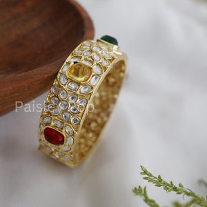 Gold Plated Polki Navrattan Bangle / Indian Bangle / Bridal Jewelry / Kundan Bangle / Indian Jewelry / Polki Kada / Kundan Kada