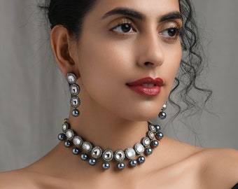 Silver Victorian Choker Necklace with Earrings / Silver Necklace / Silver Tone Polki Inspired Choker With Pearls / Polki Choker Set