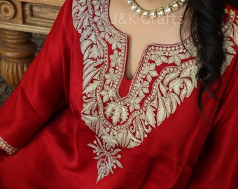 Pakistani Kaftan Kurta Set | Red Eid Outfit | Kashmiri Tilla Work Kurta | Black Embroidered Kaftan Set | Silk Tissue Kaftan |