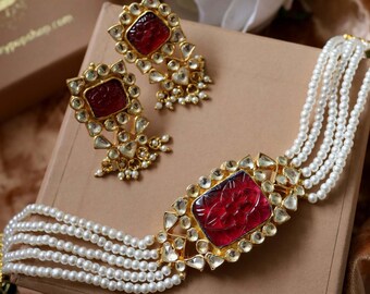 Gold Plated Red Kundan and Pearls Choker Necklace Set/ Pearls and Kundan Red Choker Necklace Set/Gold Plated Kundan Necklace Set/ Choker Set