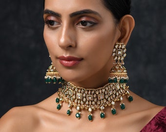 Green Gold Plated Kundan Necklace/ Kundan Necklace Set/ Ethenic Jewelry Set/ Green Kundan Necklace With Jhumka Earrings/ Necklace Set