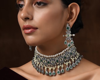 Sabyasachi inspired Emerald Green Victorian Polki and Pearls Indo western Choker Necklace Set with Victorian Earrings