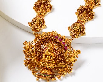 Gold Plated South Indian Lakshmi Temple work Long Necklace Set with Jhumka Earrings