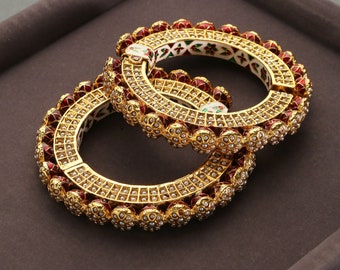 Preeta Gold Plated Punjabi Jadau Pearl Pacheli Bangles - Set of 2/ Gold Tone Jadau Bangle/ Punjabi Jadau White Pearl Bangle Set.