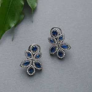 Yashika Blue Silver Tone Faux Diamond Studs / Silver Stud Earrings / Faux Diamond Earrings / Silver Tone Victorian Studs image 1