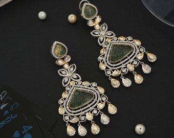 Gold Plated Mint Green Polki Chandbali Earrings \ Indian Chandbali Earrings \Victorian Polki Gold and Silver Rhdium Plated Plated Earrings