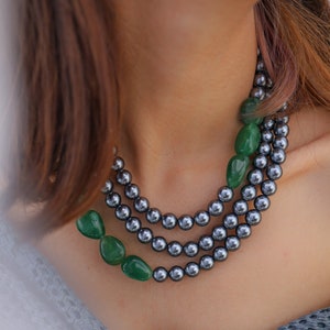 Green-Grey Multilayered Necklace/ Boho-chic Black Pearl Green Necklace/ Multilayered Green Necklace/ Multilayered Green-Grey Necklace image 1