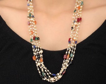 Pearls and Multicoloured Semi Precious Stones Multistrand Necklace