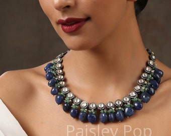 Blue Victorian Polki Necklace / Indian Polki Necklace / Semi Precious Stones / Sabyasachi Jewelry / Kundan Jewelry / Bollywood Necklace