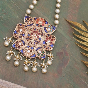 Blue Jadau Pearls Pendant Necklace/ Blue Meenakari Pendant Necklace image 4