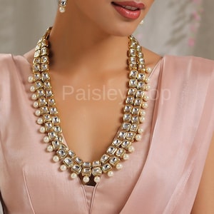 Kundan and Pearls Necklace Set / Indian Kundan Necklace Set / Long Necklace with Earrings / Indian Jewelry / Bollywood Jewelry /