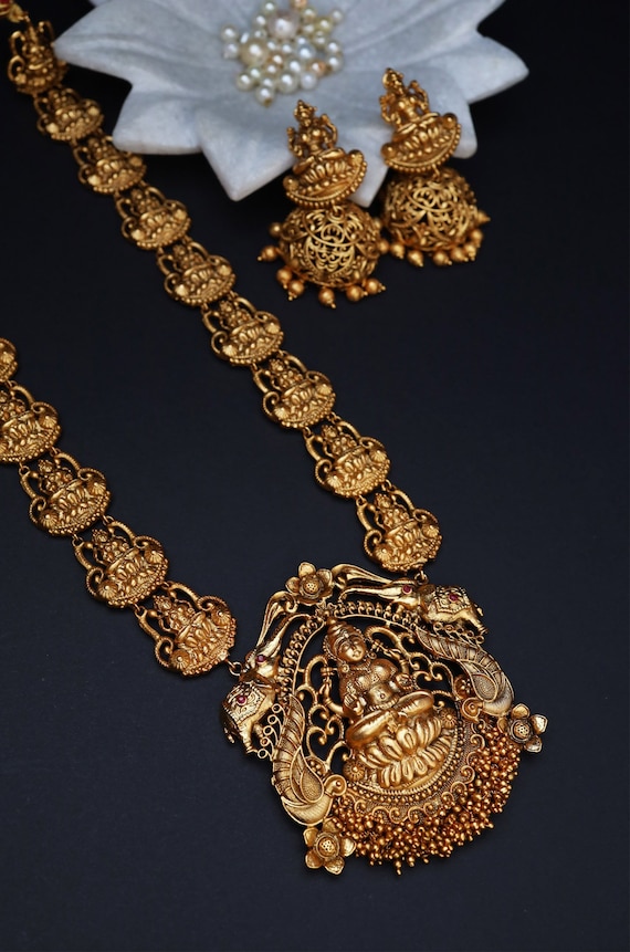 Temple Work Embossed Gold Plated Neclace Set Gold Plated Necklce