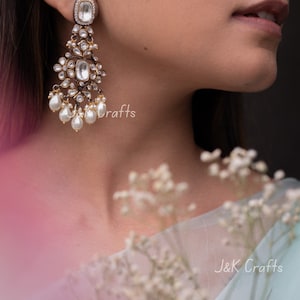 Orecchini vittoriani in argento / Orecchini Polki vittoriani in argento / Orecchini Polki e perle / Orecchini Polki / Gioielli indiani /Gioielli Bollywood