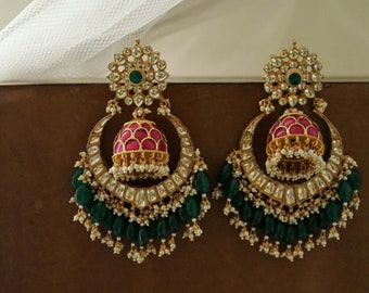 Ruby Red and Emerald Green Traditional Kundan Gold Plated Indian Chaandbali Earrings/ Sabyasachi Kundan Chandbali Earrings with Jhumka