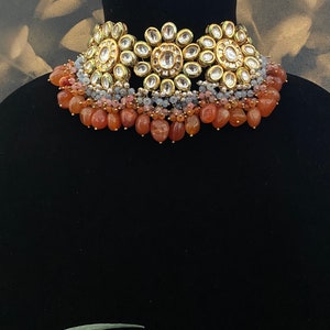 Floral Pattern orange Kundan work Choker Necklace With Shell Pearls/ Kundan Choker with orange Tumble stones and Pearls/Orange kundan Choker