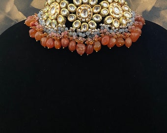 Floral Pattern orange Kundan work Choker Necklace With Shell Pearls/ Kundan Choker with orange Tumble stones and Pearls/Orange kundan Choker