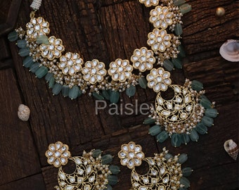 Kundan necklace set with fluorite stones/Kundan gold-plated necklace set/Kundan Bridal Jewelry/Kundan Indian bridal necklace/Indian Jewelry