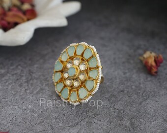 Gold Plated Mint Kundan Ring / Polki Ring / Statement Designer Ring / Bridal Ring / Bridal Jewelry / Sabyasachi Jewelry / Indian Jewelry